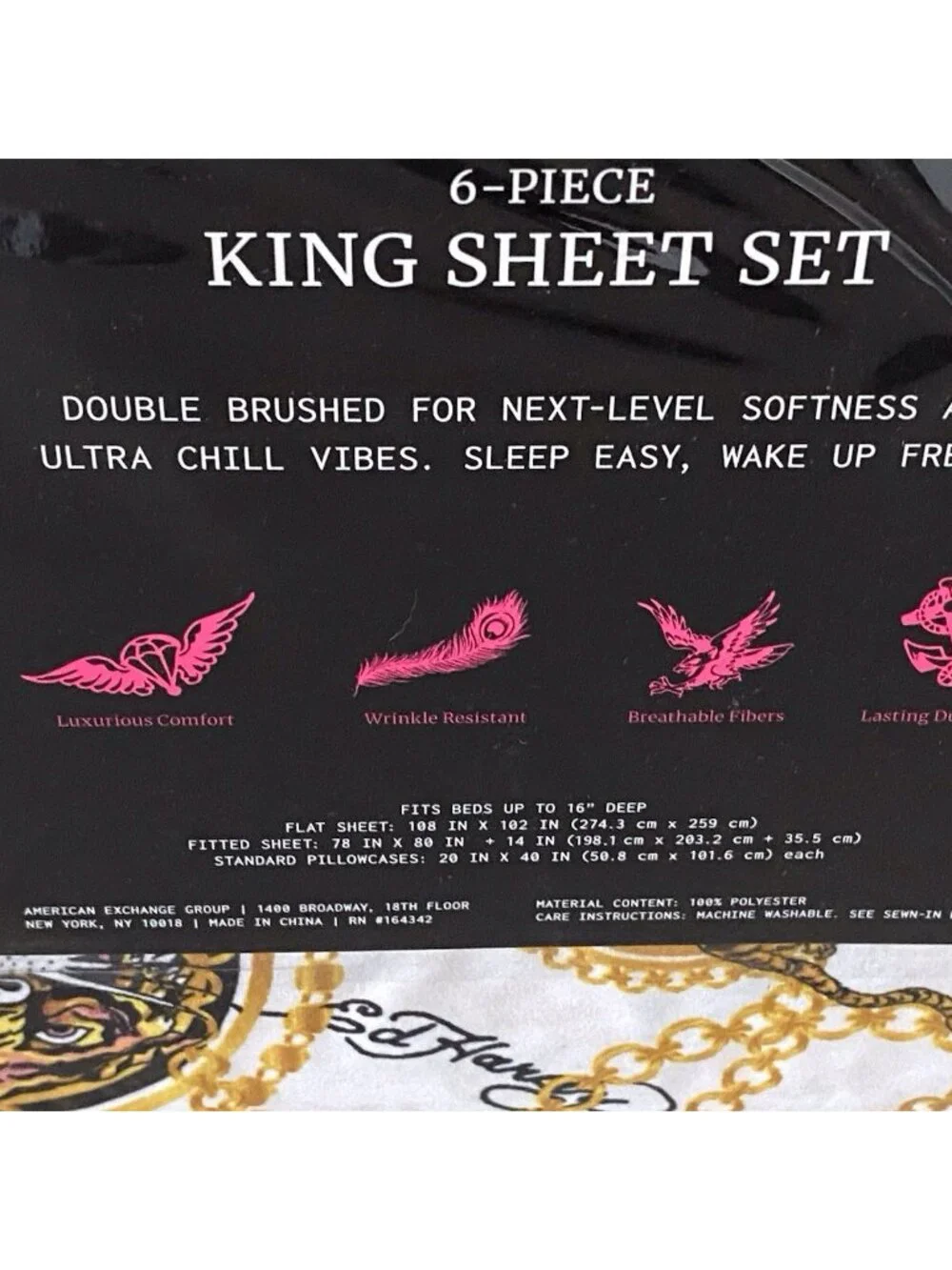 6 Piece Ed Hardy KING Size Sheet Set Americana Asian Tattoo‎ Tiger Print White